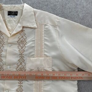 Guayabera Tulum Satin Shirt Cream Embroidered Lino Seda Short Sleeve Button LG